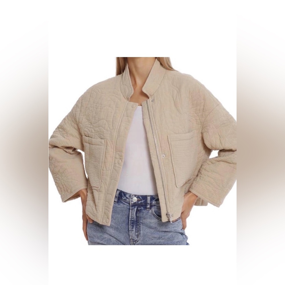 7 For All Mankind Floral Quilted Zip Up Cropped Lightweight Neutral Jacket Large